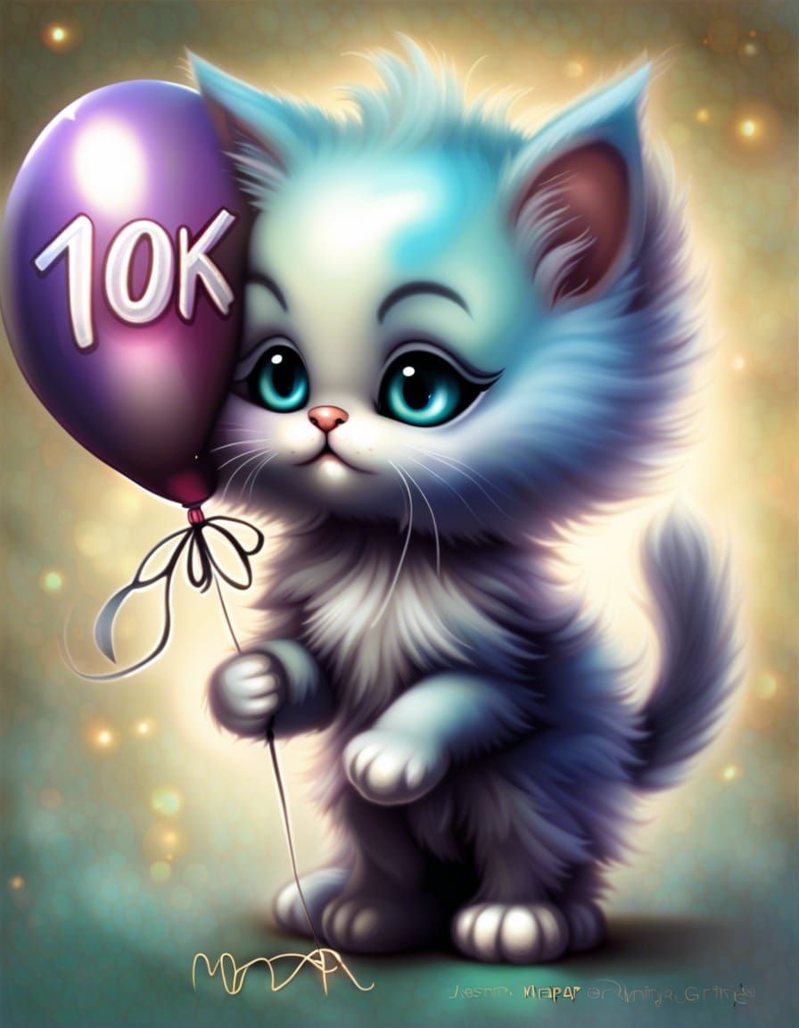 Cute Kitten Holding Balloon in Fantasy Art Style