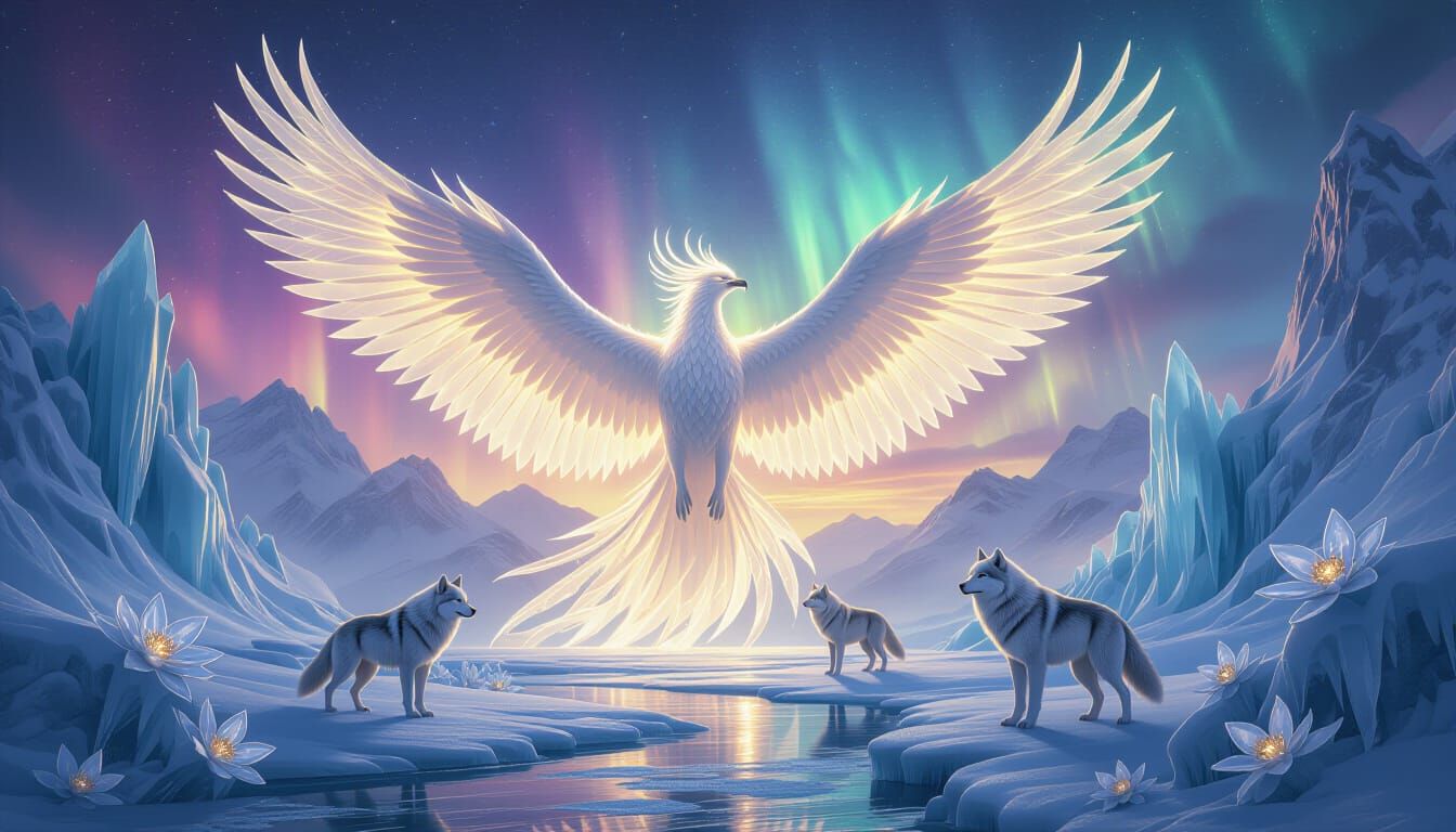 Gigantic Ice Phoenix in Frozen Fantasy Landscape
