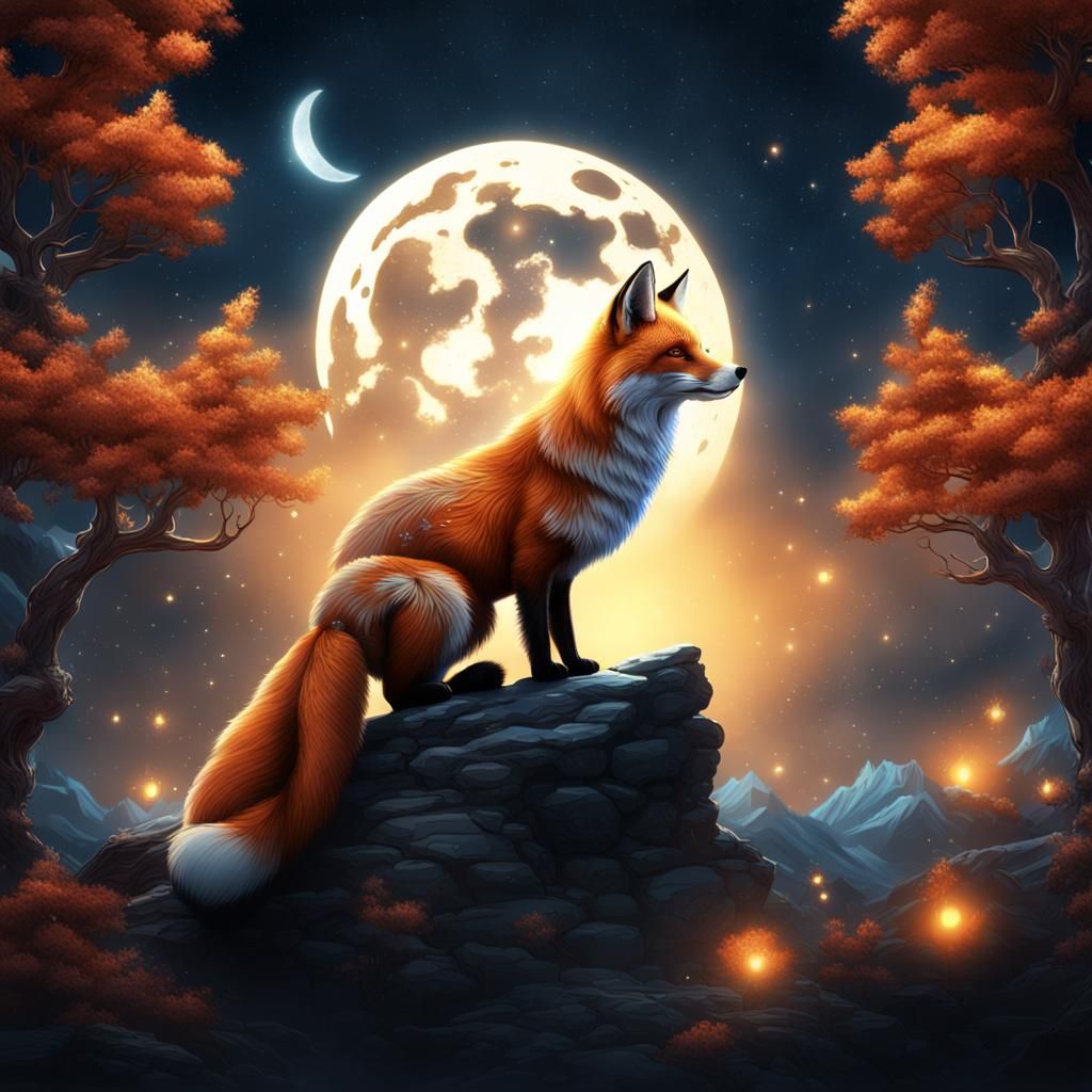 Fox with Glittering Stars and Moon, Detailed Matte Painting