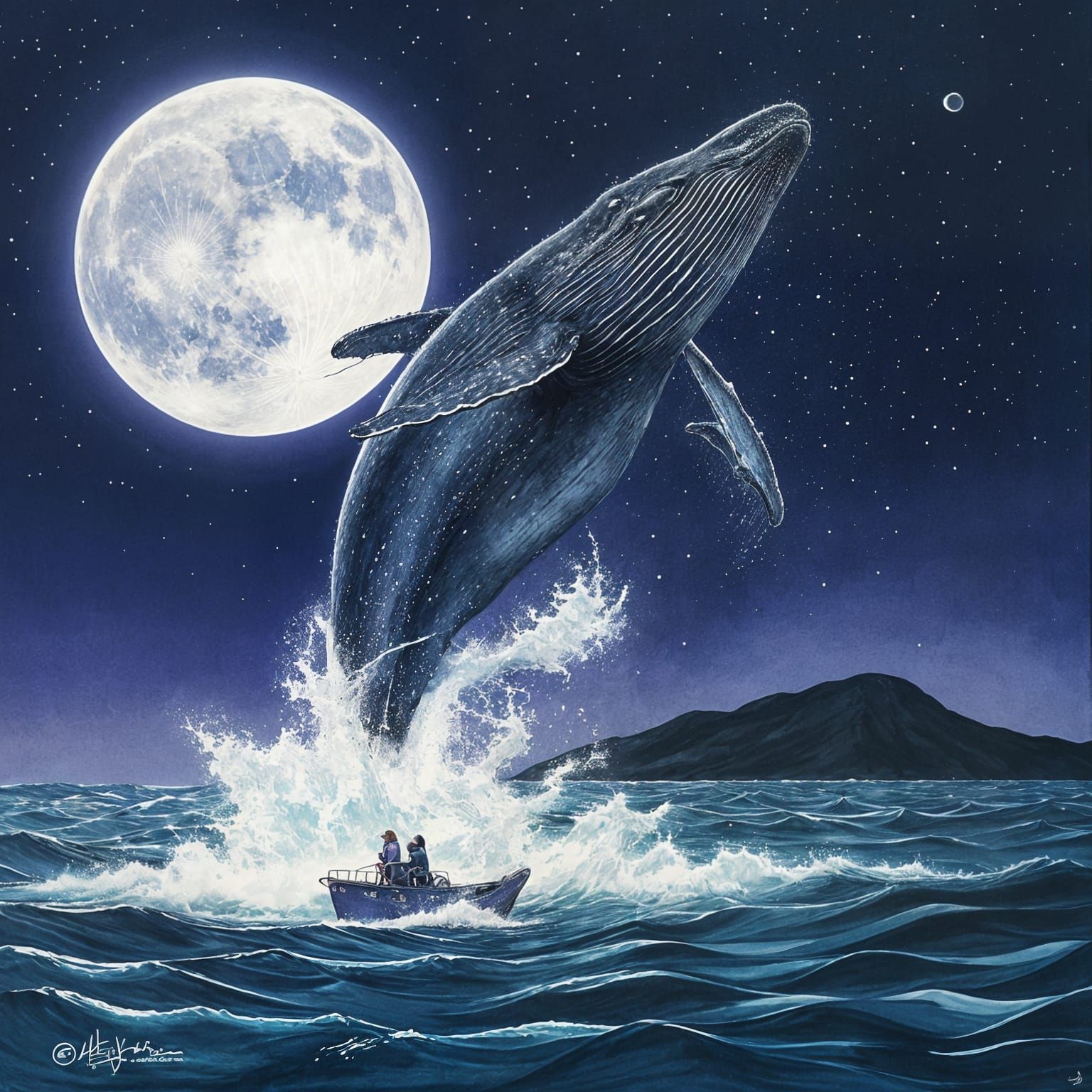Moonlit Whale in Mid-Breach, Hatching and Watercolor Style
