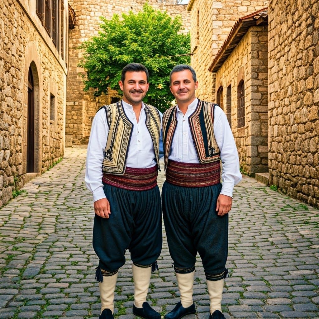 Albanian Attire: Traditional Clothing in Historic Setting
