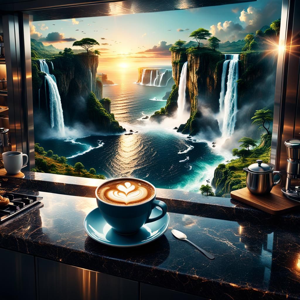 Luxury Kitchen with Coffee and Epic Sunrise Seascape