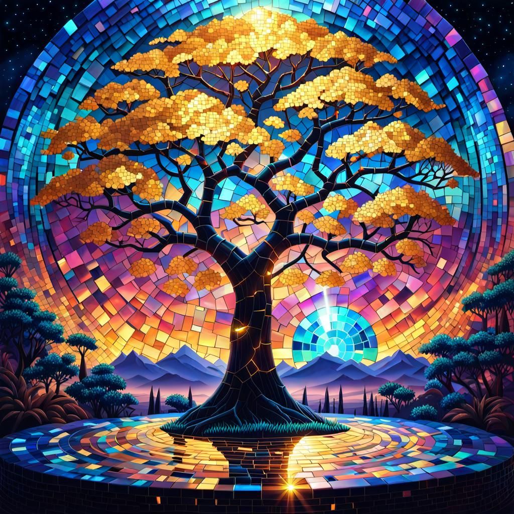 Iridescent Magic Tree of Worlds in Synthwave Style