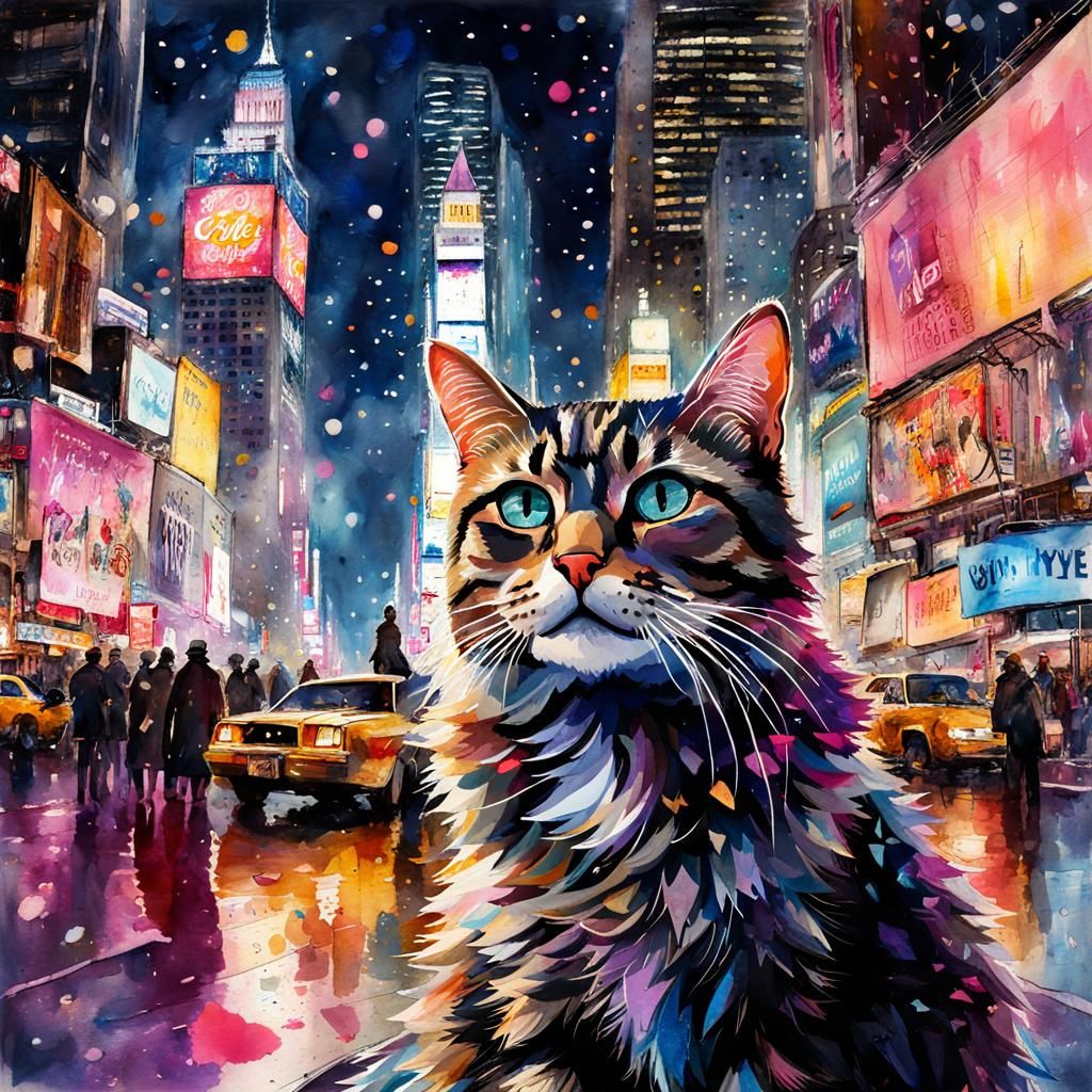 New Year's Eve Cat in Times Square Watercolor