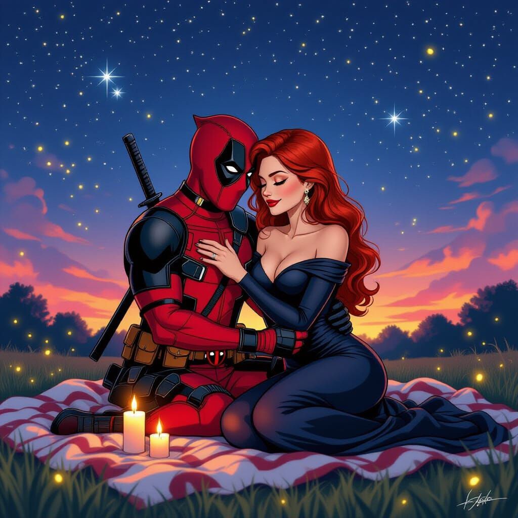 Deadpool and Dark Phoenix Embrace Under Starry Sky