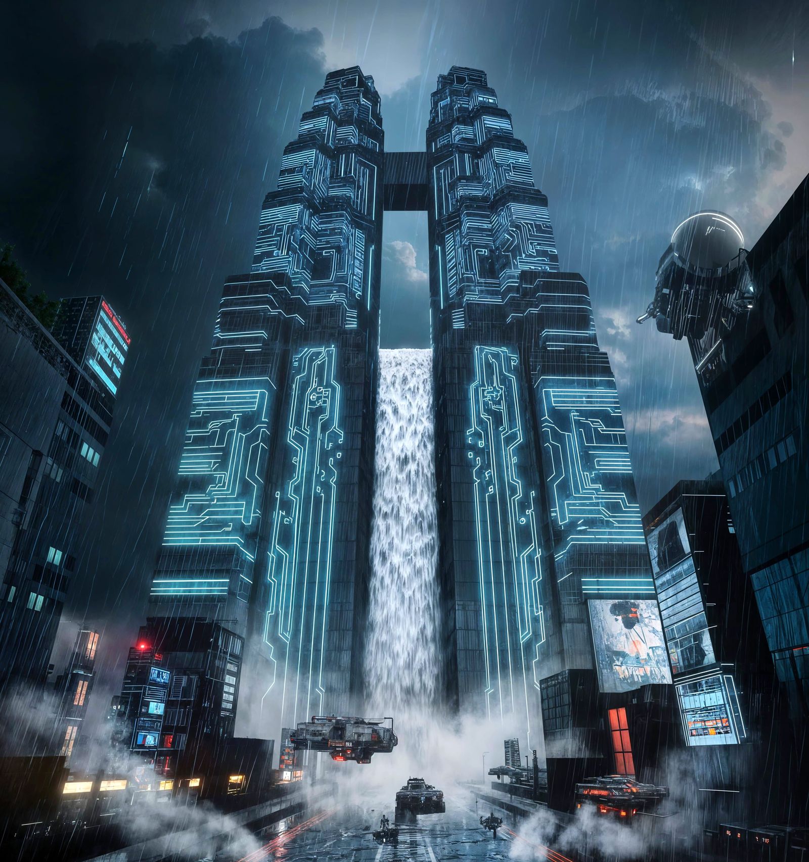 Cyberpunk Skyscraper with Waterfall, Hypermaximalist Citysca...