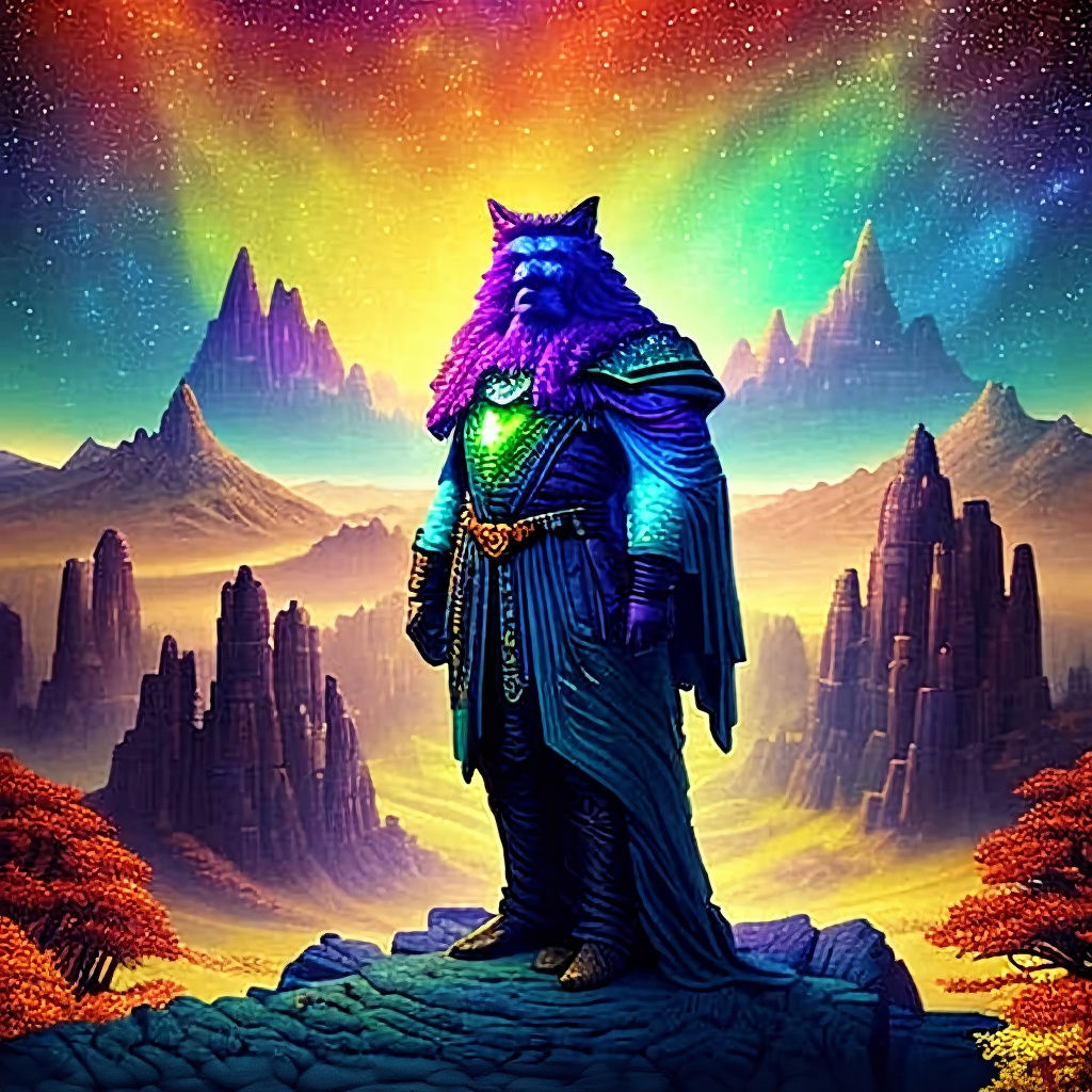 Retro pixel art. A lone wizard stands on a cliff overlooking...