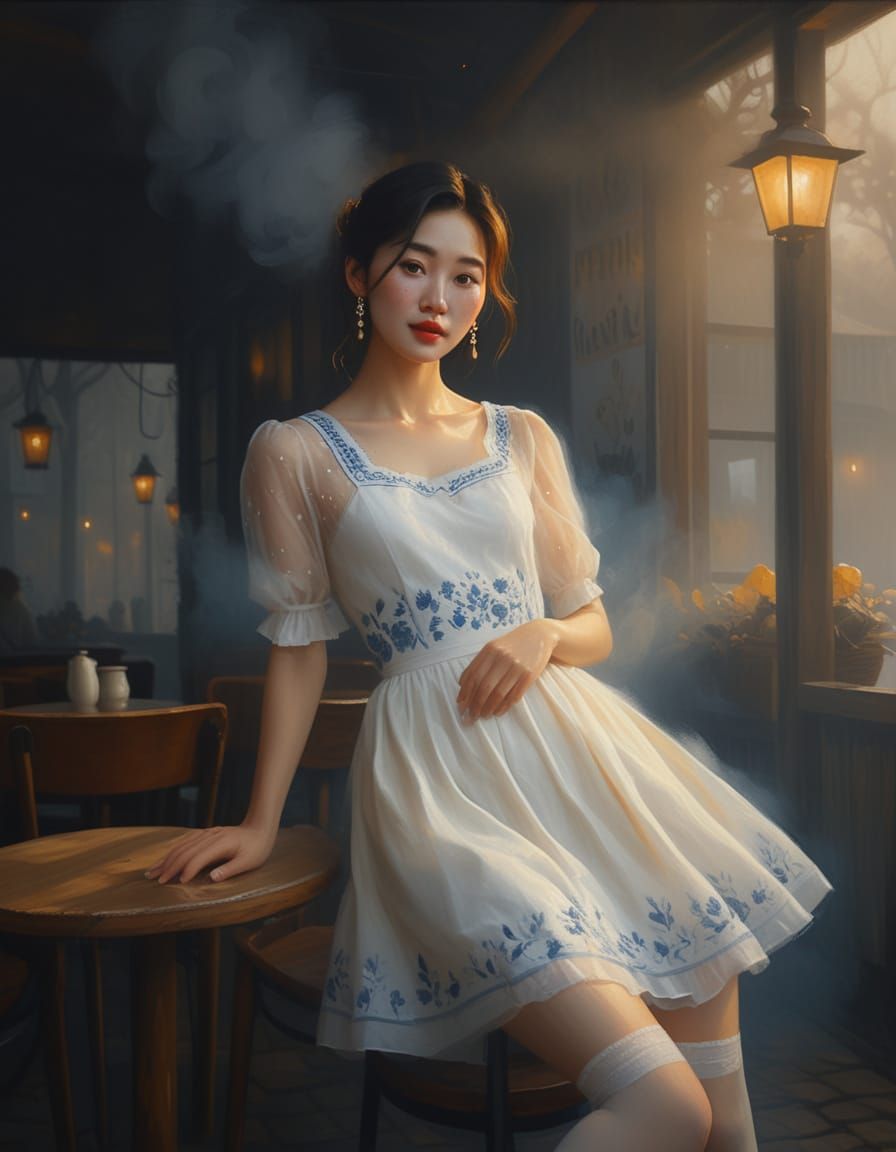 Korean Woman in Misty Cafe: Romantic Realism