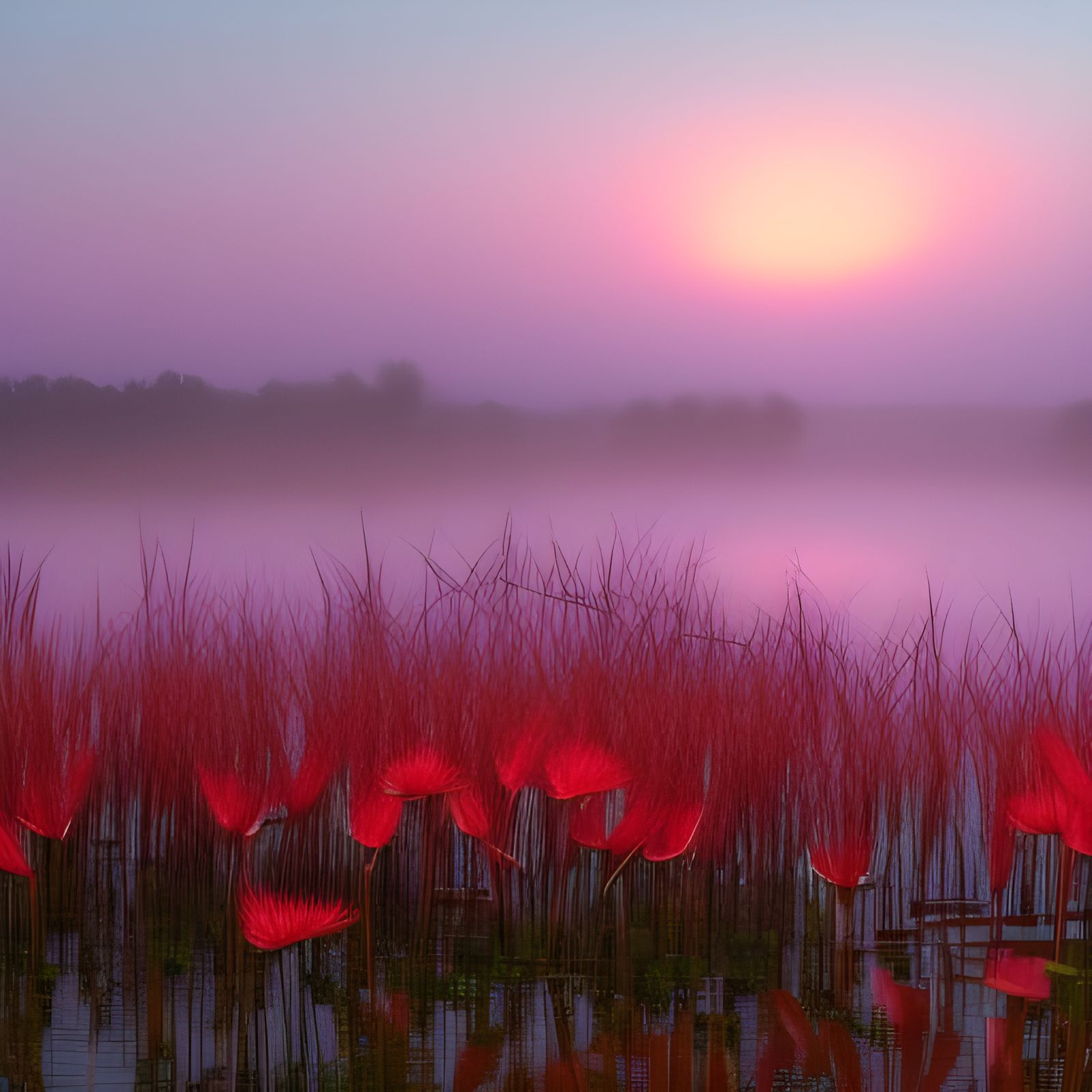 Foggy Country Pond at Sunrise in Spring