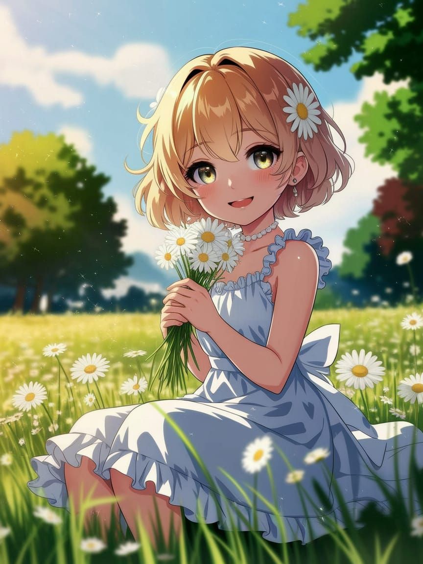 Anime Girl with Daisies in Sunlit Meadow