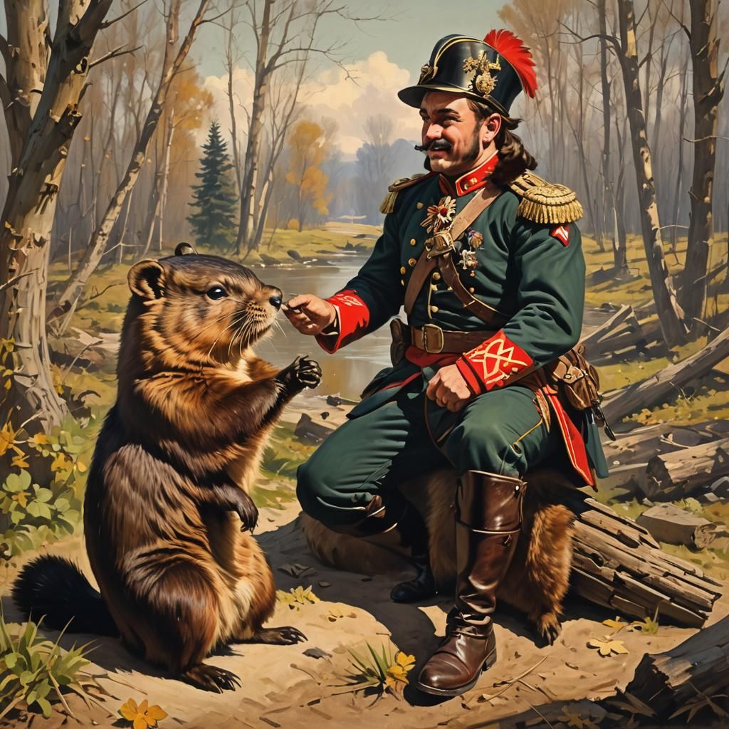 Happy Hussar Chatting with Beaver, Pin-Up Style