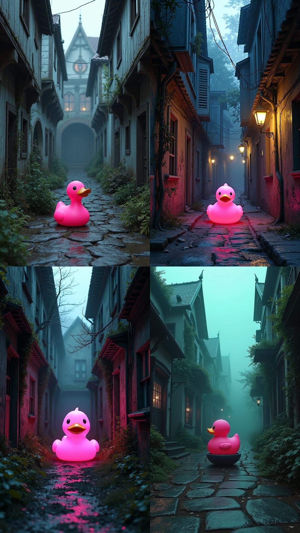 Surreal Pink Duck in Dark Alley: Detailed Matte Painting