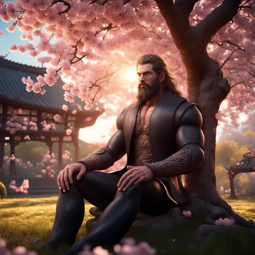 Man in Cherry Blossom Garden at Sunrise