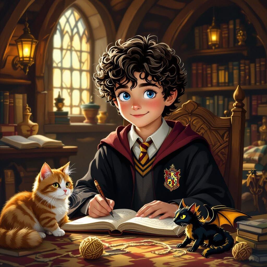 Boy Studying in Hufflepuff Common Room with Dragon