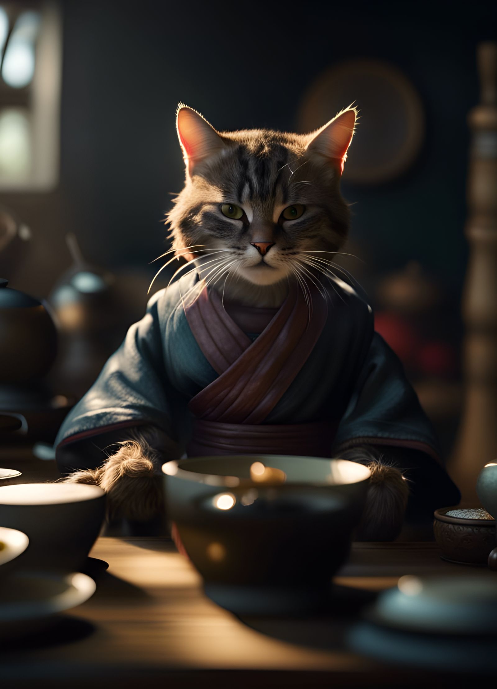 Ninja Pirate Cat's Coffee Ceremony in Hyperrealism