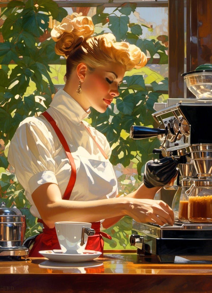 Female Barista in Morning Light, J.C. Leyendecker Style