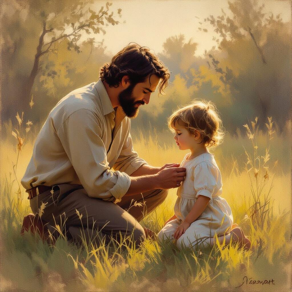 Mentor Nurtures Child's Potential in Golden Hour Oil Paintin...