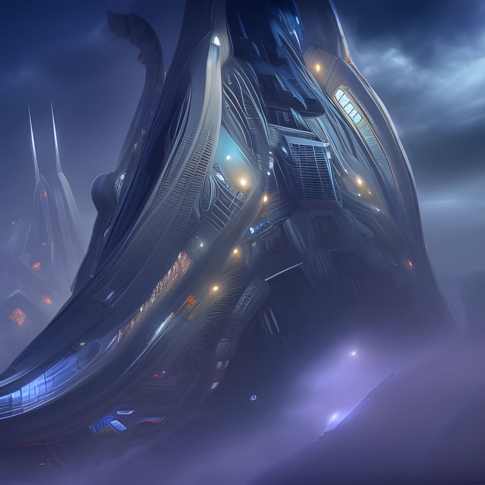 Sci-Fi Spaceship Carries Embryos Over Cityscape