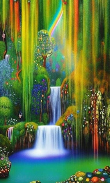 Rainbow Waterfall in Forest Oasis: Surreal Gouache Art