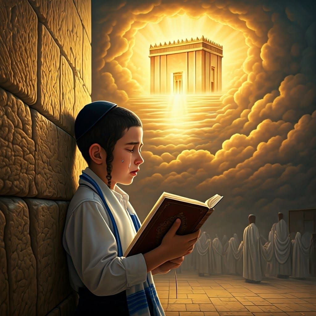 Young Orthodox Jewish Boy in Deep Prayer at the Western Wall