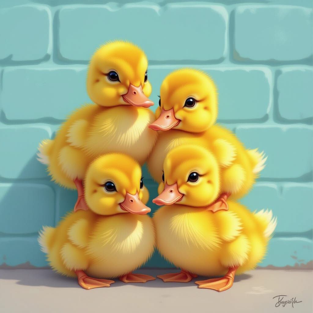 Four Fluffy Ducklings Stacked Against Blue Wall