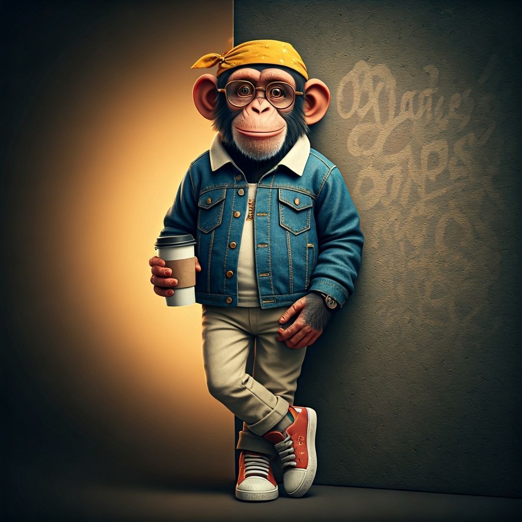 Cartoon Chimpanzee with Coffee in Urban Setting