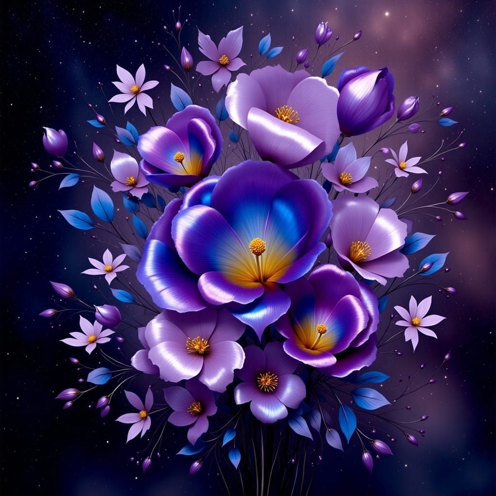 Metallic Flowers in Chrome, Iridescent Still Life