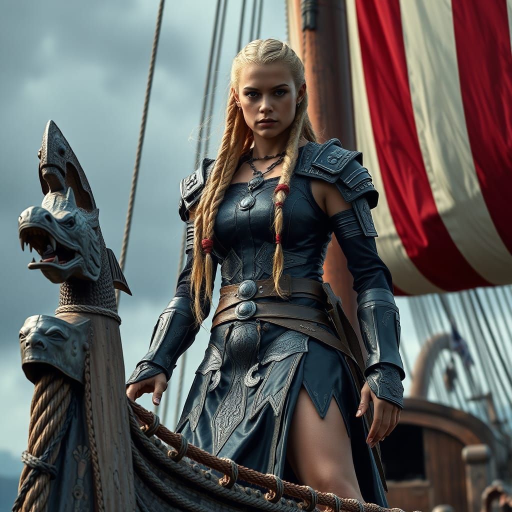 Viking Woman Warrior on Longship, Hyperrealistic Style