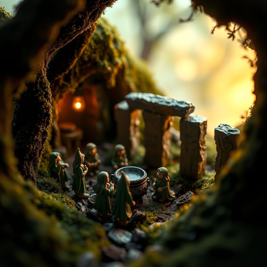 Mini Druids at Woodland Shrine in Stop-Motion Style