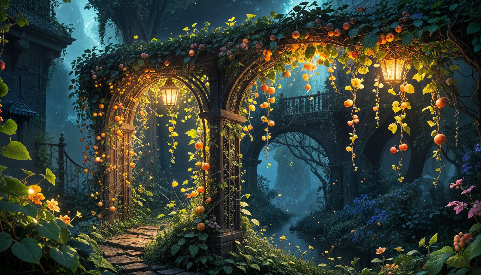 Glowing Trellis of Enchanted Fruits and Flowers