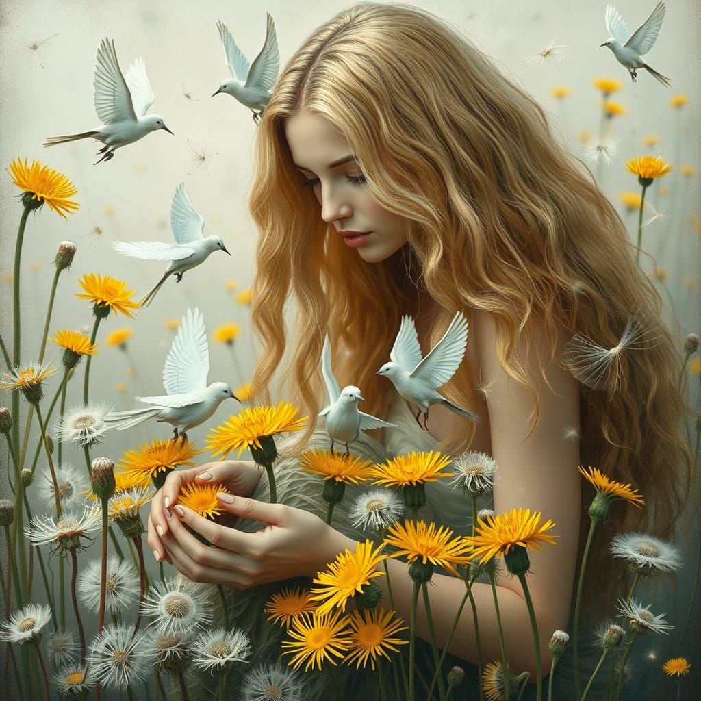 Golden-Haired Woman Gathers Dandelions for Ethereal Birds