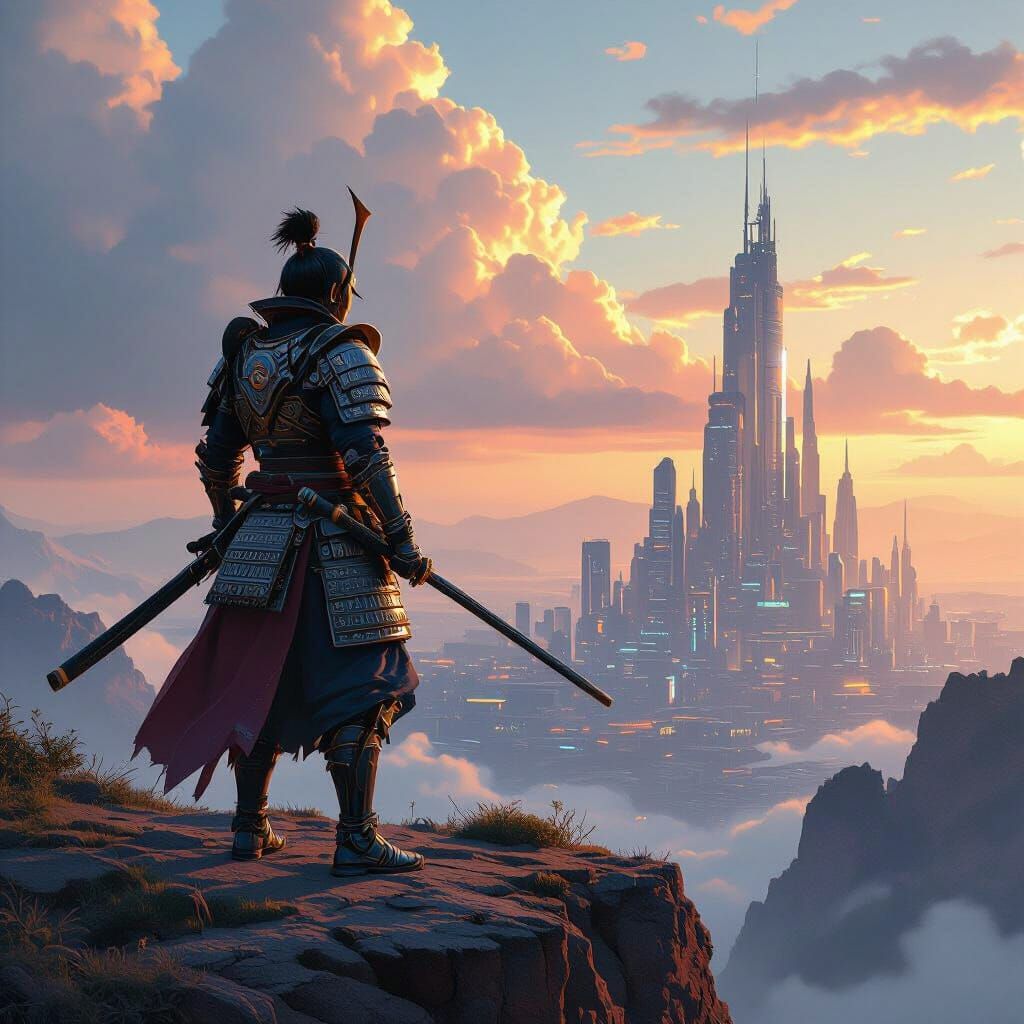 Samurai Warrior Overlooking Futuristic City, Detailed Digita...