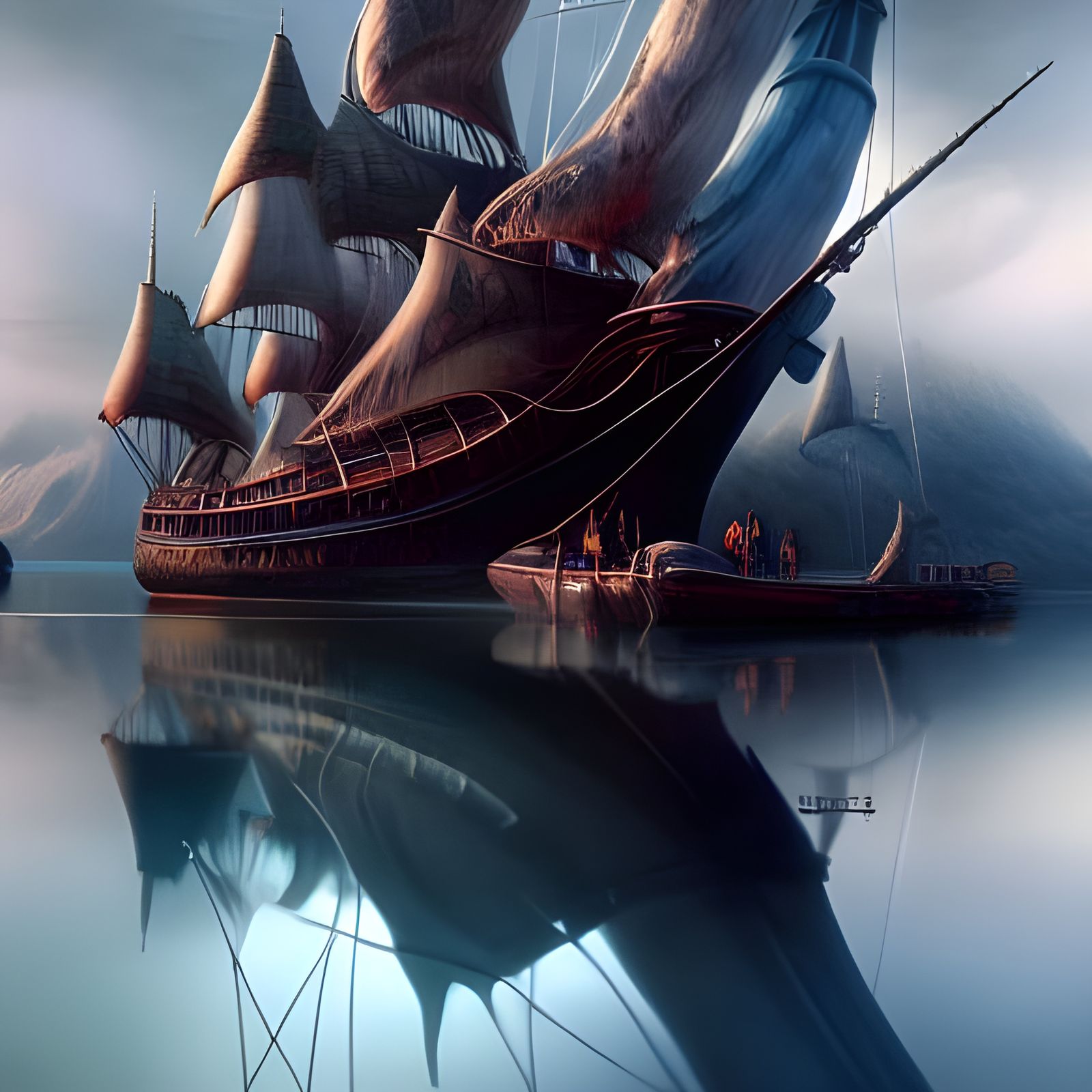 Glass Ship Nature Scene in Cold Colors