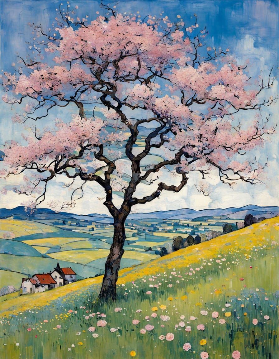 Grunge Spring Landscape in Expressionist Style