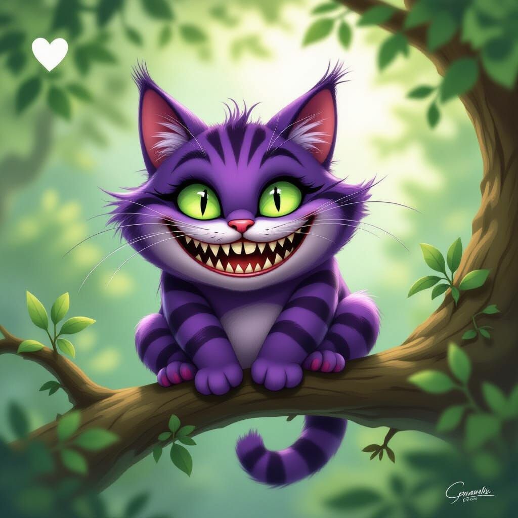 Purple Cheshire Cat Perched in a Cartoon Style