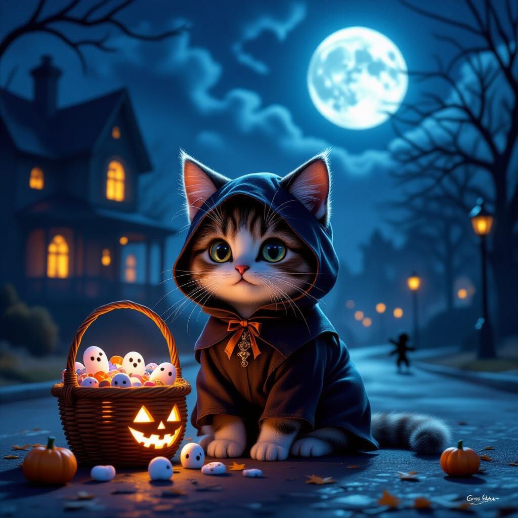 Cute Halloween Cat on Spooky Street