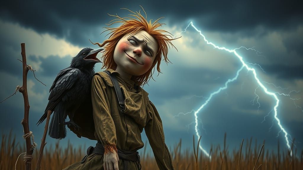 Whimsical Scarecrow Puzzled by Lightning Strike