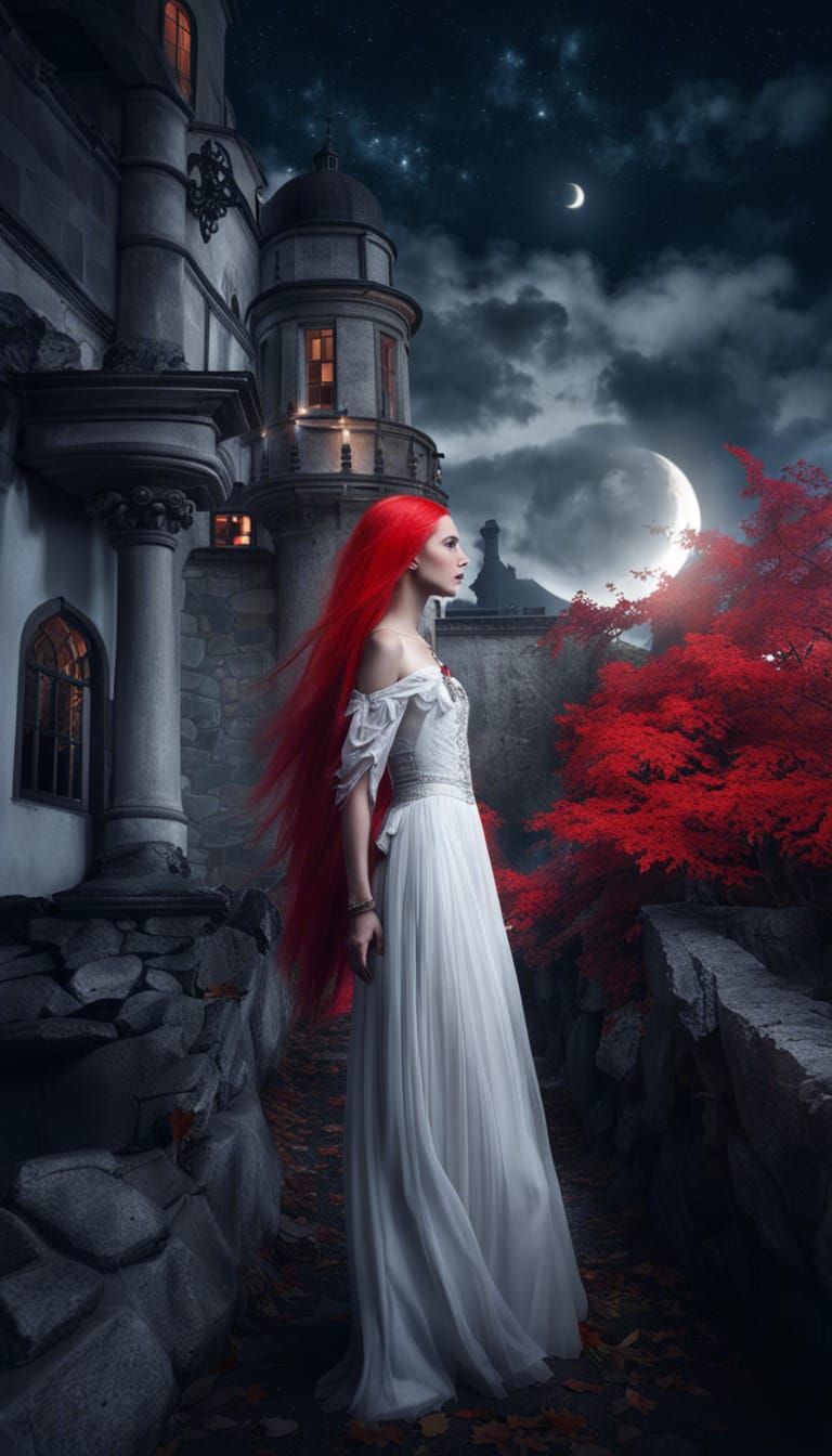 Ghostly Lady in Fantasy Castle at Night