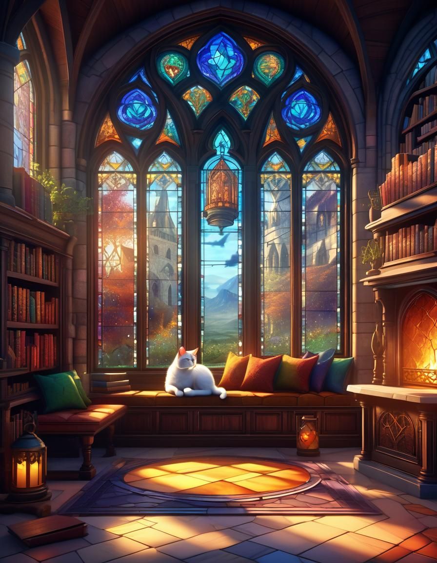 Enchanted Library with Stained Glass Windows, Matte Painting