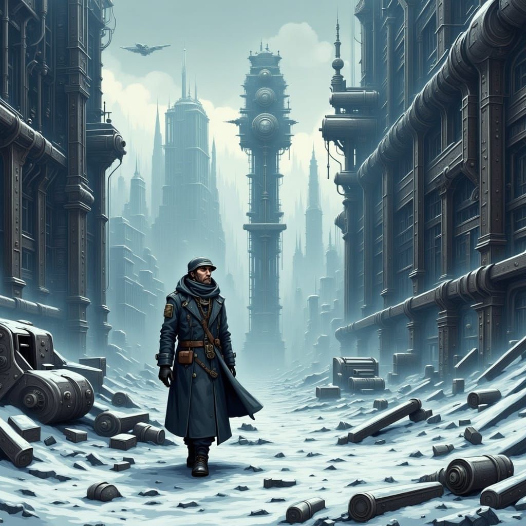 Dieselpunk Scavenger in Collapsed City Ruins