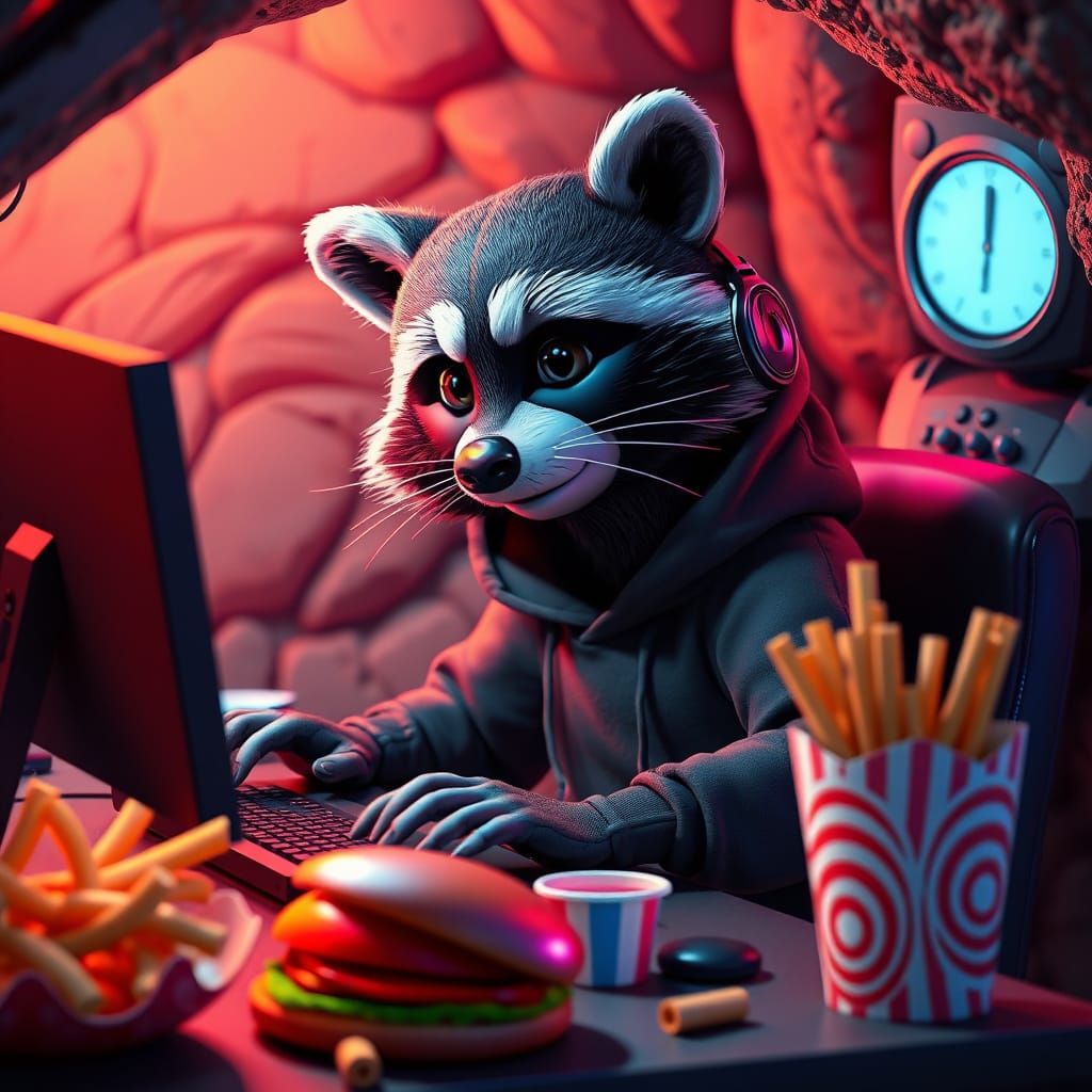 A raccoon hacker working ons his computers late at night in ...