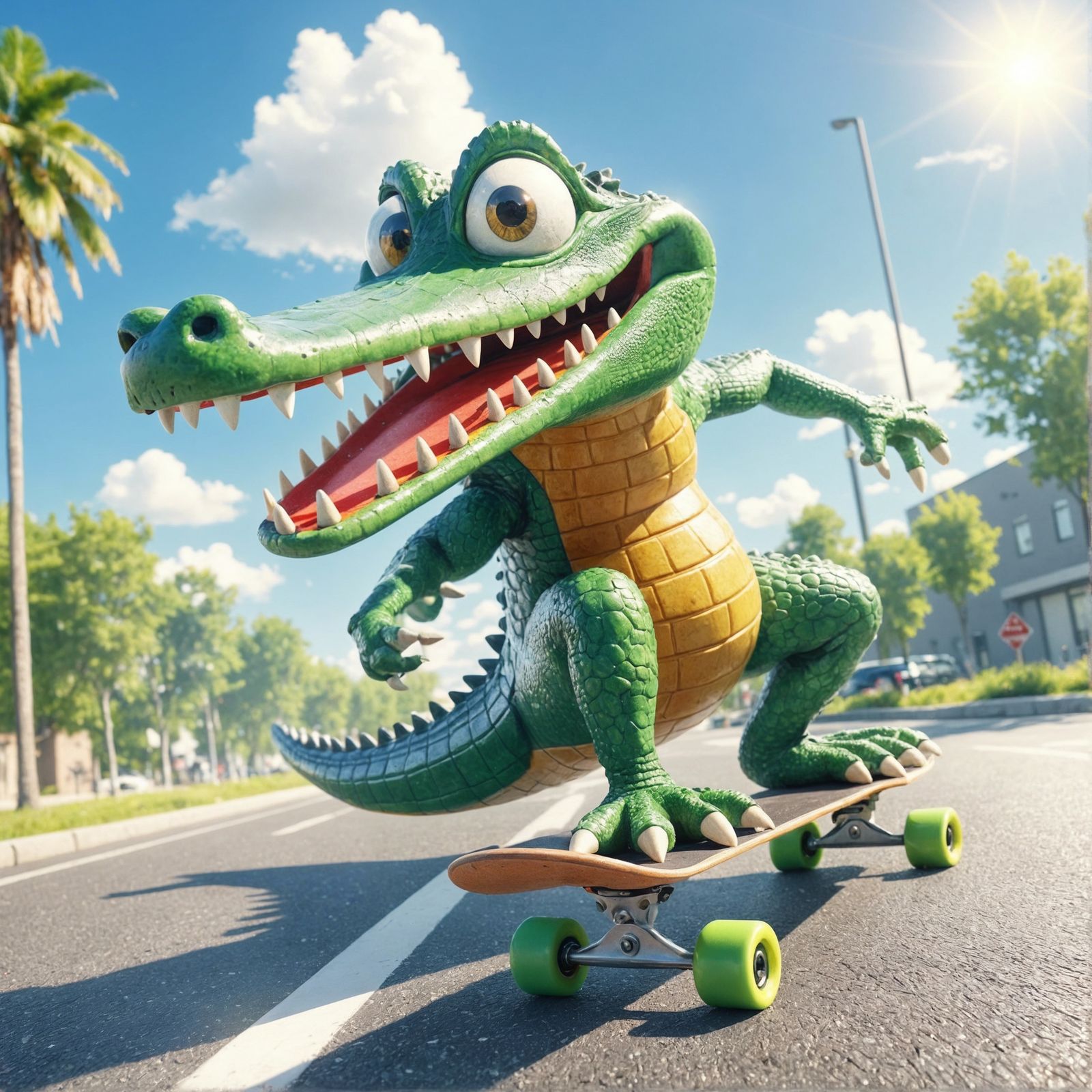 Alligator Skateboarding on a Sunny Day