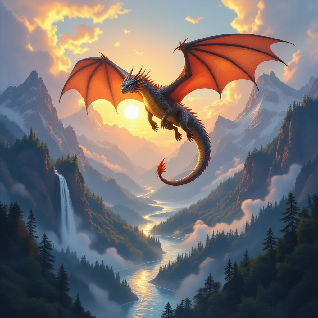 Majestic Dragon Over Enchanted Valley in Golden Light