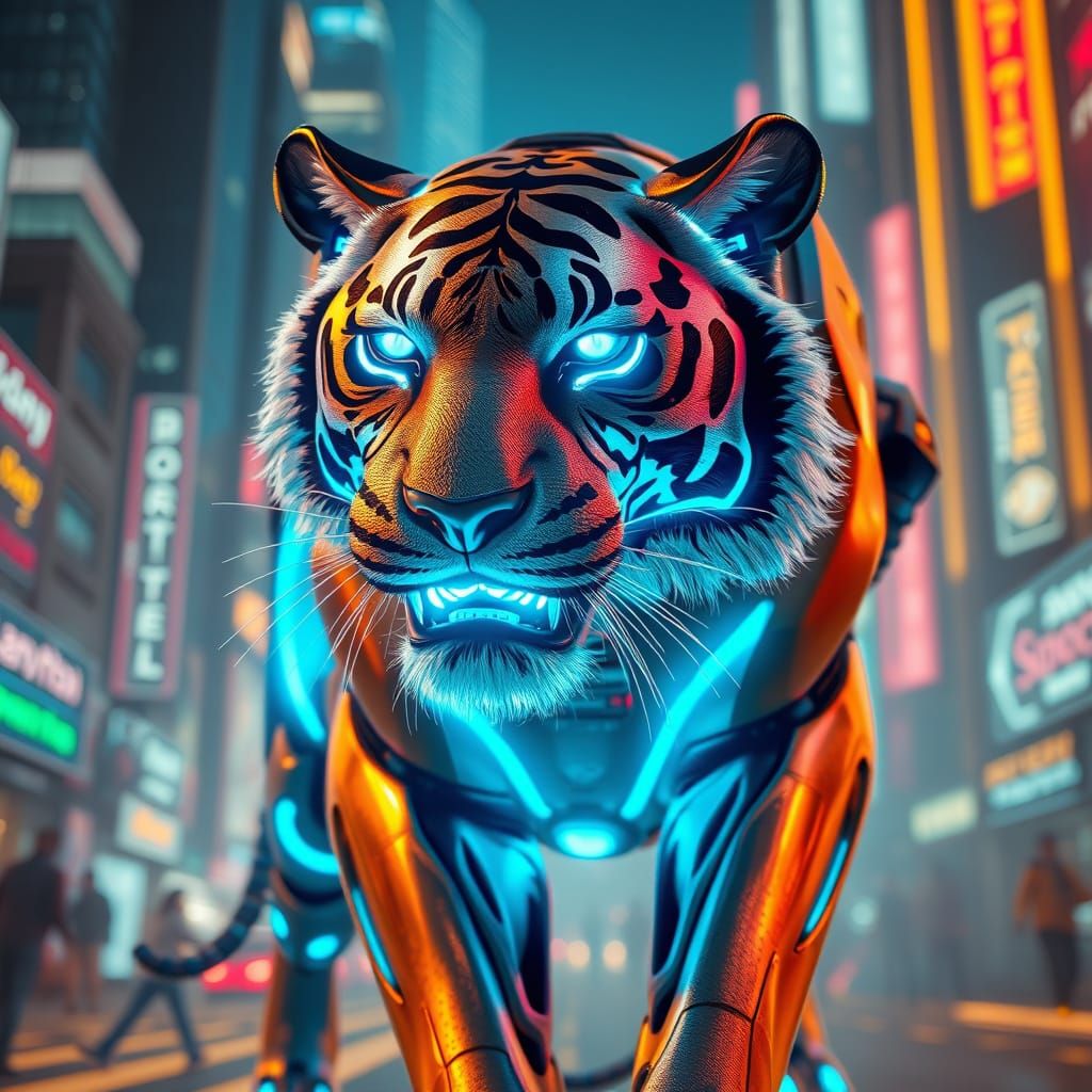 Metallic Tiger Unleashed in Neon City