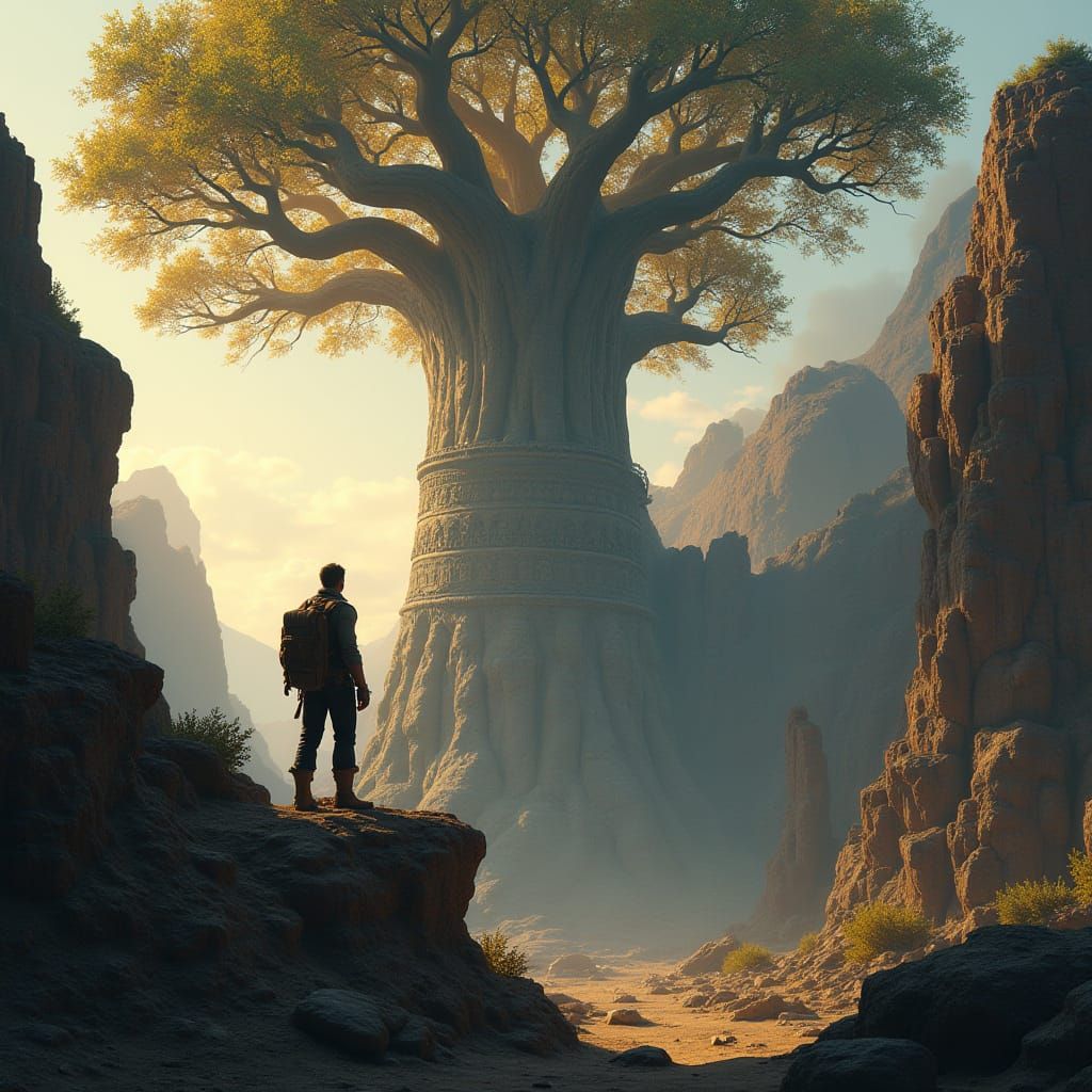 Explorer Gazing at Colossal Tree in Canyon