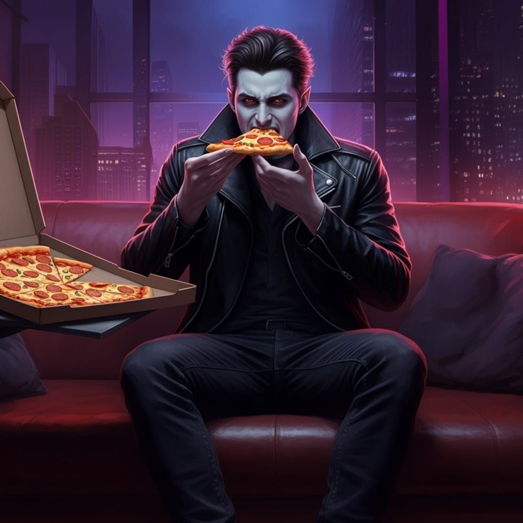 Semi-Realistic Vampire in Modern City Loft Enjoying Pizza