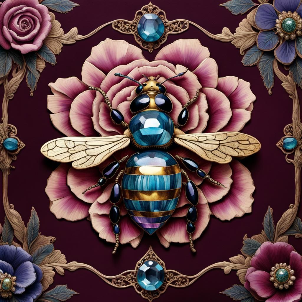 Jeweled Bee on Rose: Vintage Art Nouveau Illustration