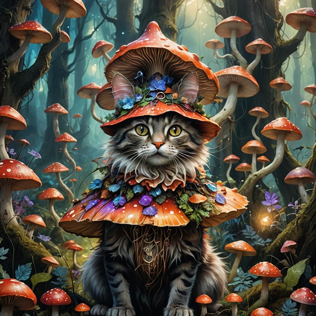 Cat Dressed as Mushroom in Glowing Forest