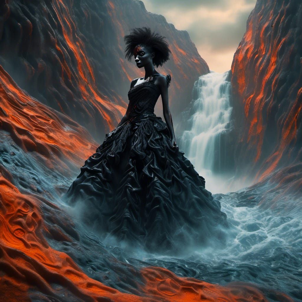 Afrofuturistic Horror: Woman at Waterfall in Selective Color