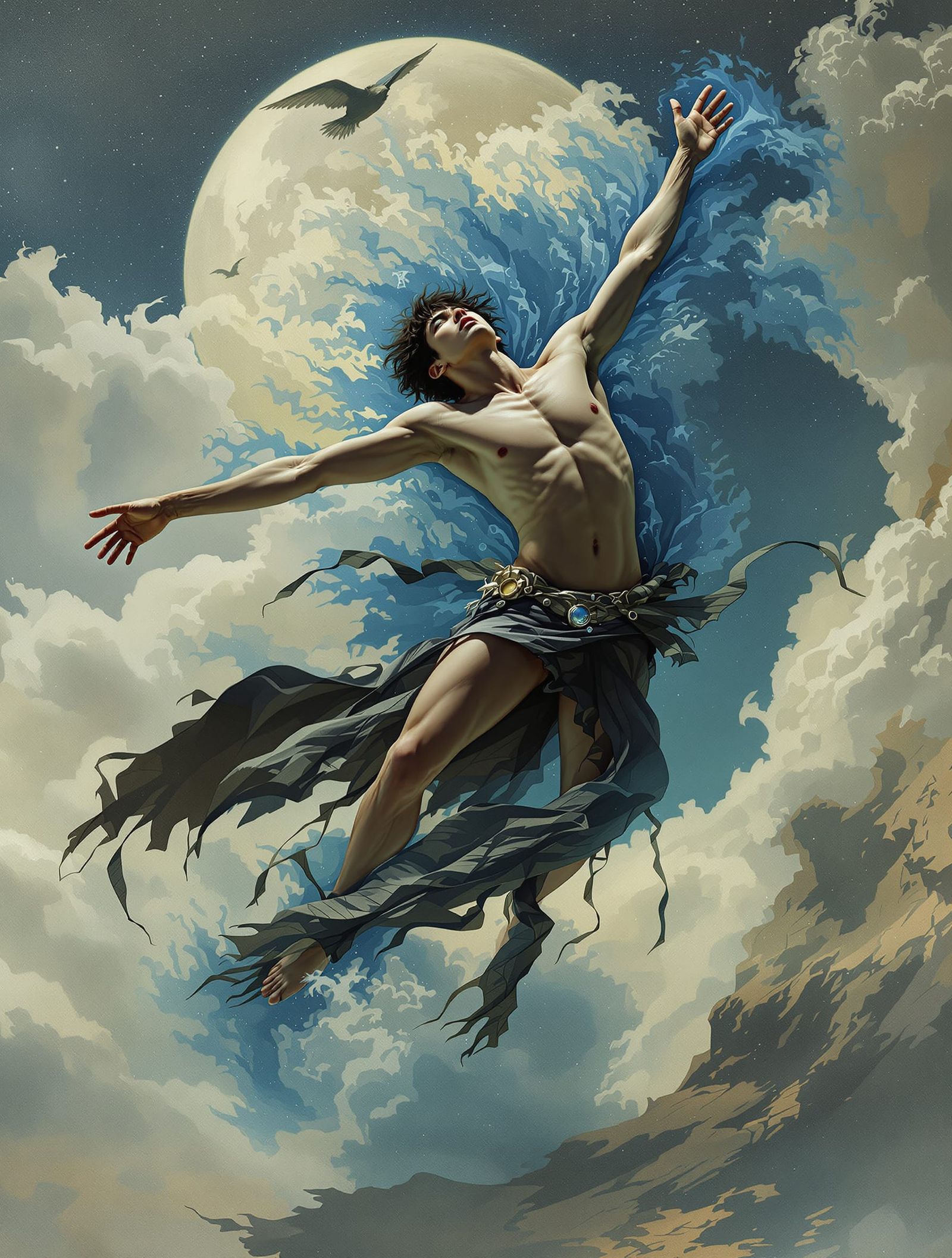 Dancing Figure in Midnight Blue Surreal Landscape